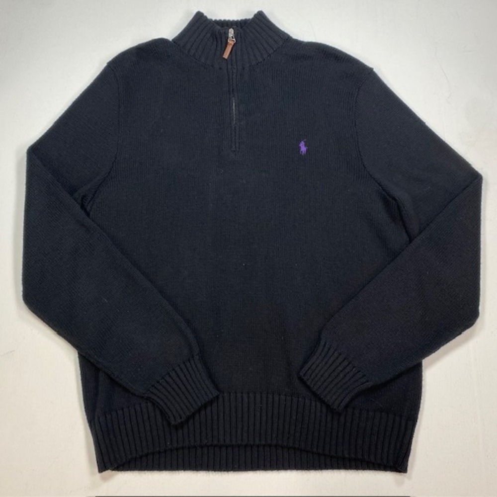 Polo Ralph Lauren Mens L Black 100% Pima Cotton Quarter Zip Sweater Purple Pony